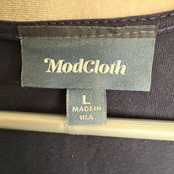 Modcloth Faux Wrap Dress L Blue Office Siren Minimalism Preppy Prep Feminine - Picture 4 of 10